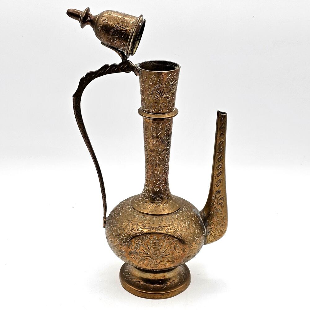 Vintage Brass Etched Ewer India Aftaba Coffee Pot Hinged Lid Floral Design